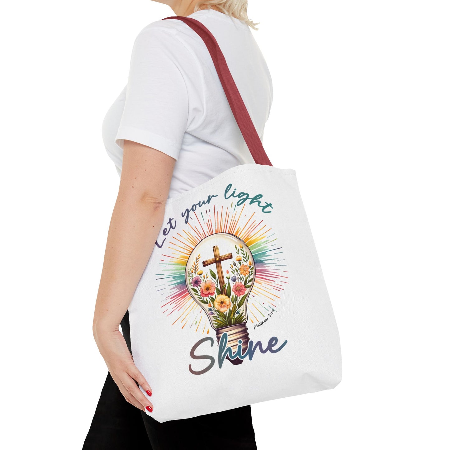 Inspirational Christian Tote Bag - Let Your Light Shine, Floral Design, Gift for Church, Bible Study, Mother's Day, Faith