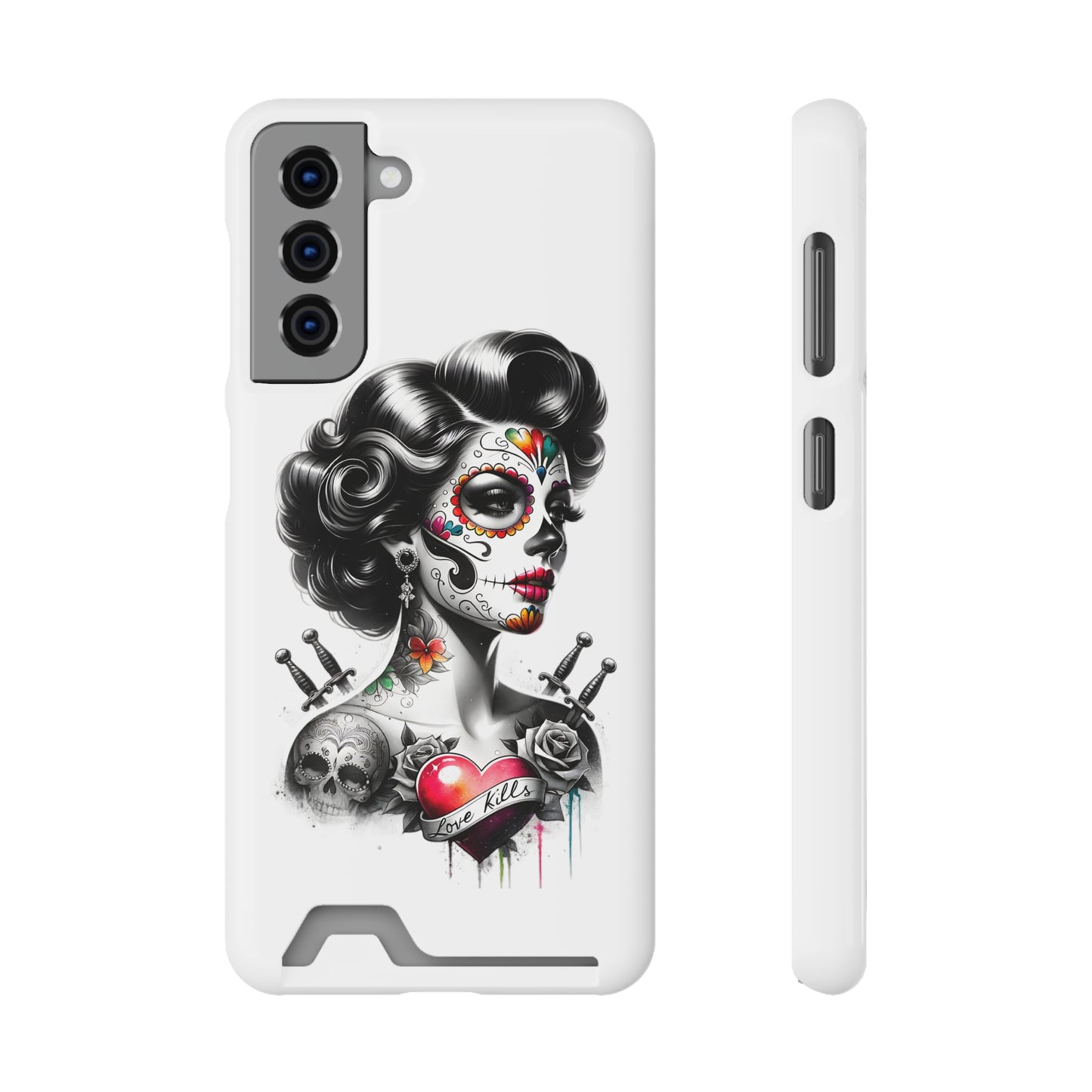 Phone Case - Love Kills Day of the Dead Face Paint Girl with Tattoos and Knives Hearts