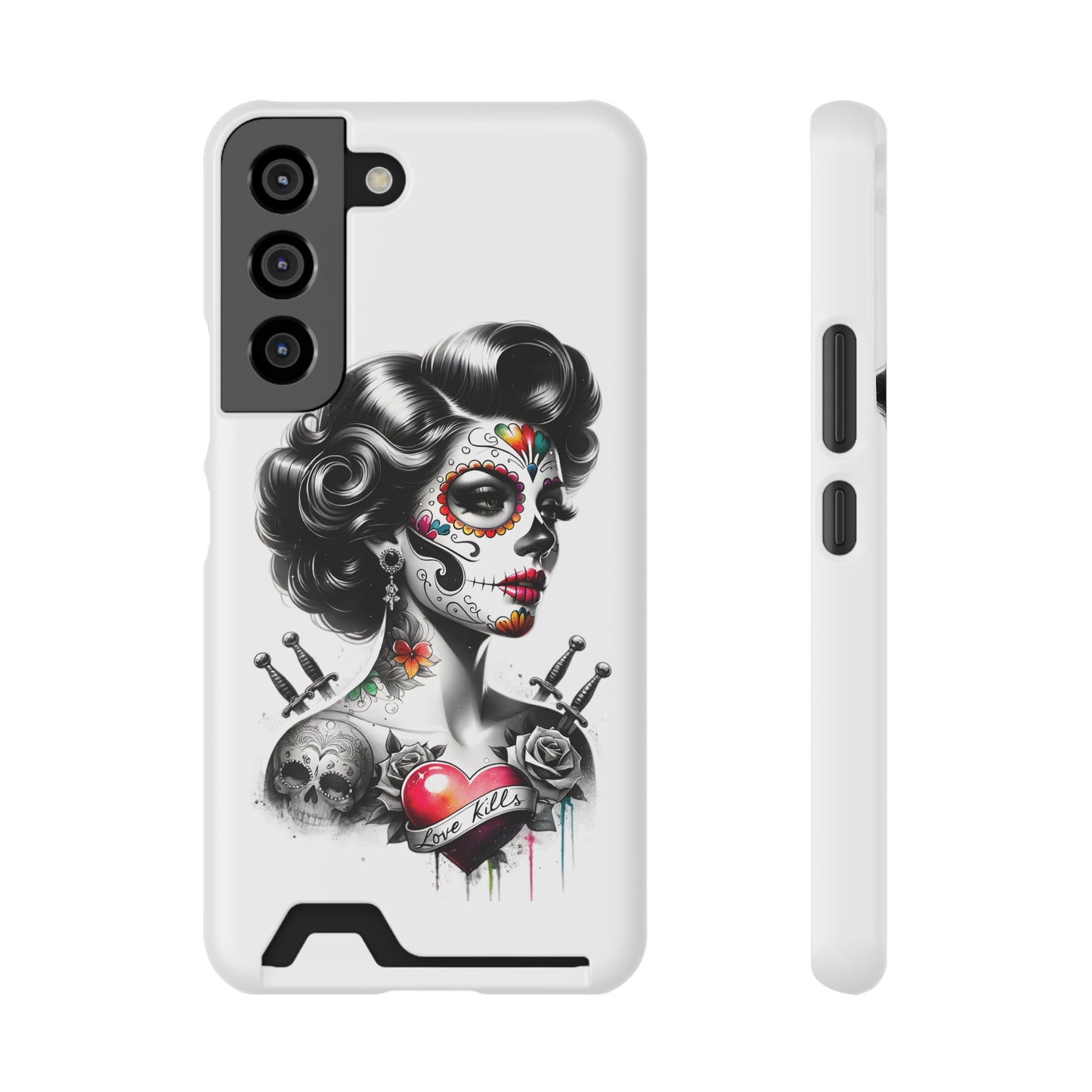 Phone Case - Love Kills Day of the Dead Face Paint Girl with Tattoos and Knives Hearts