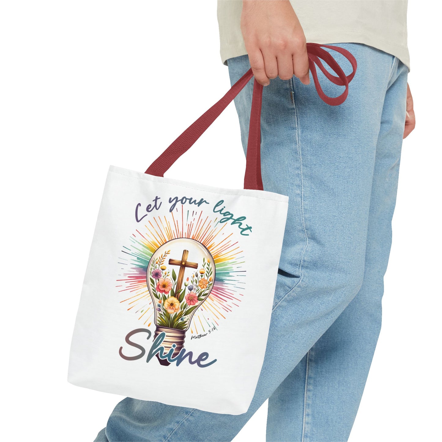 Inspirational Christian Tote Bag - Let Your Light Shine, Floral Design, Gift for Church, Bible Study, Mother's Day, Faith