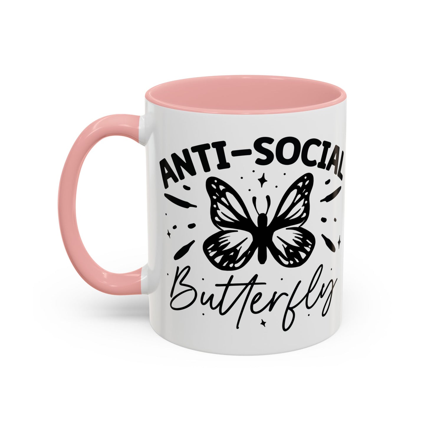 Coffee Mug, Funny Mug with Anti Social Butterfly and Don't Rush Me Designs, Office Mug, White Mug with Colorful Handle, Cute Mug, Unique