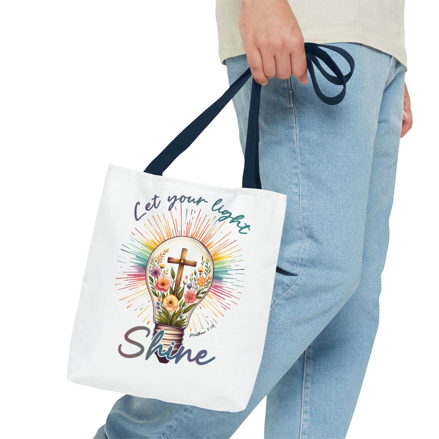 Inspirational Christian Tote Bag - Let Your Light Shine, Floral Design, Gift for Church, Bible Study, Mother's Day, Faith