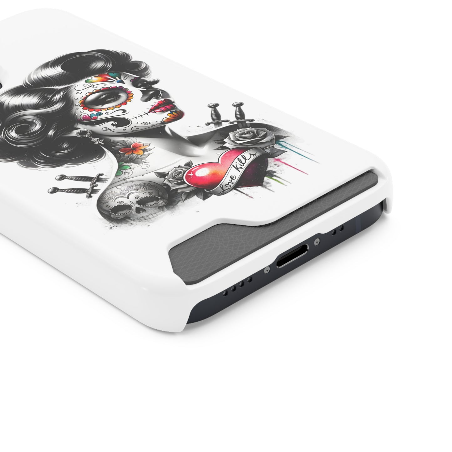 Phone Case - Love Kills Day of the Dead Face Paint Girl with Tattoos and Knives Hearts