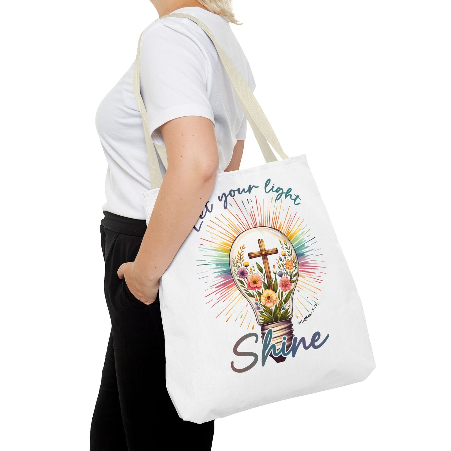 Inspirational Christian Tote Bag - Let Your Light Shine, Floral Design, Gift for Church, Bible Study, Mother's Day, Faith