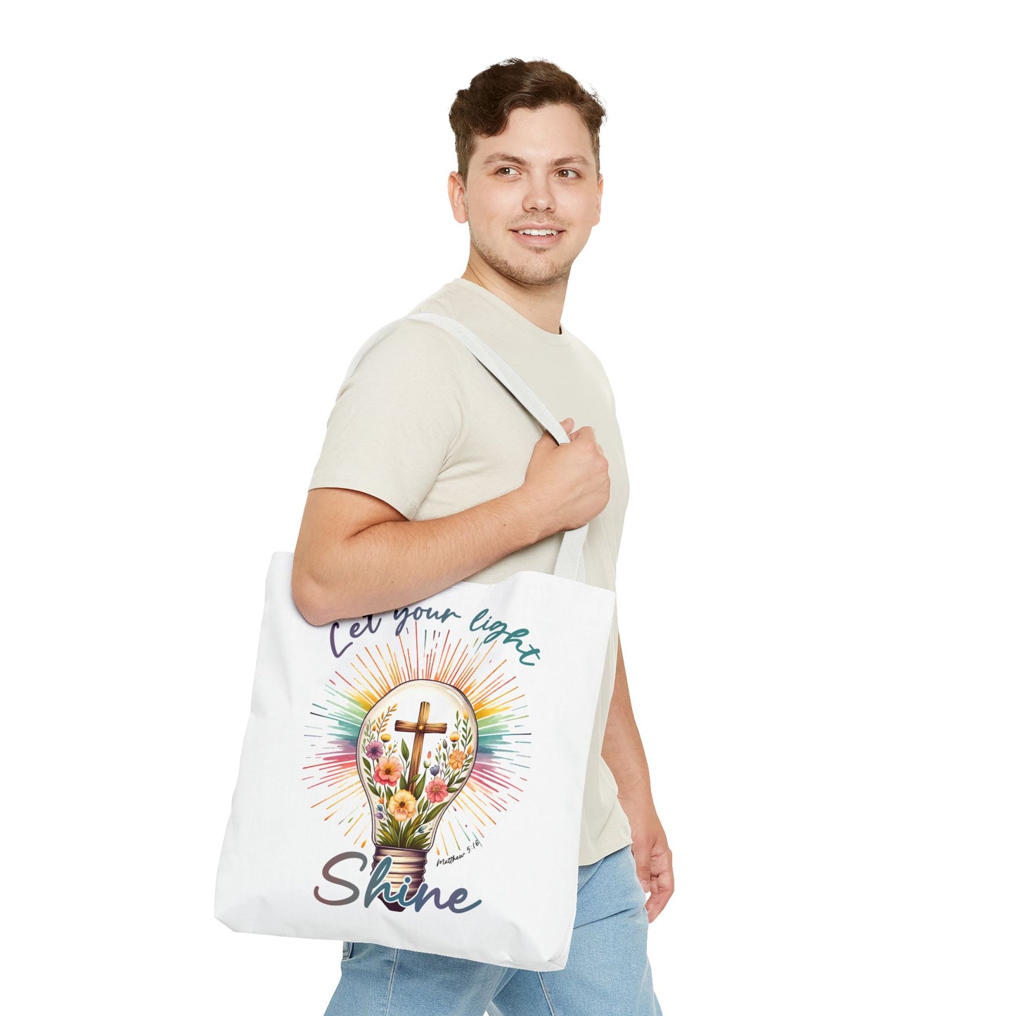 Inspirational Christian Tote Bag - Let Your Light Shine, Floral Design, Gift for Church, Bible Study, Mother's Day, Faith