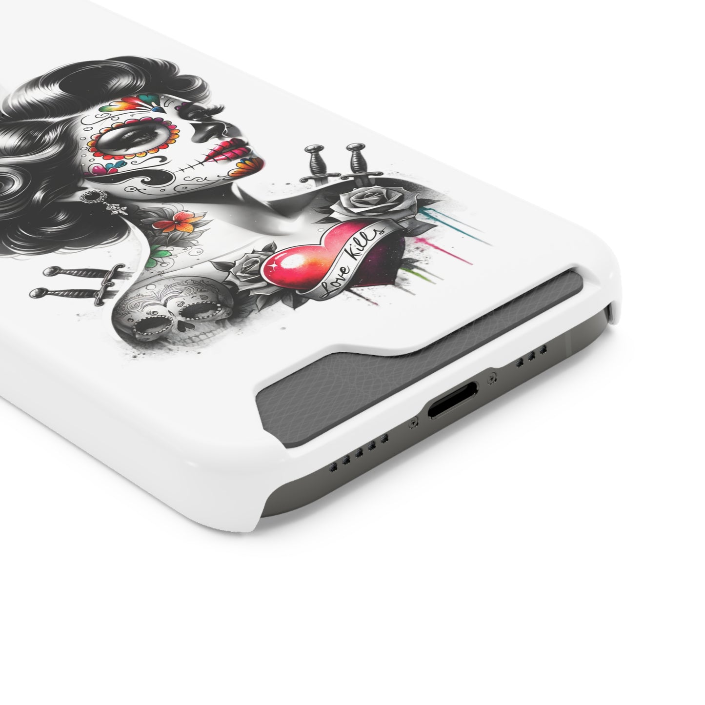 Phone Case - Love Kills Day of the Dead Face Paint Girl with Tattoos and Knives Hearts