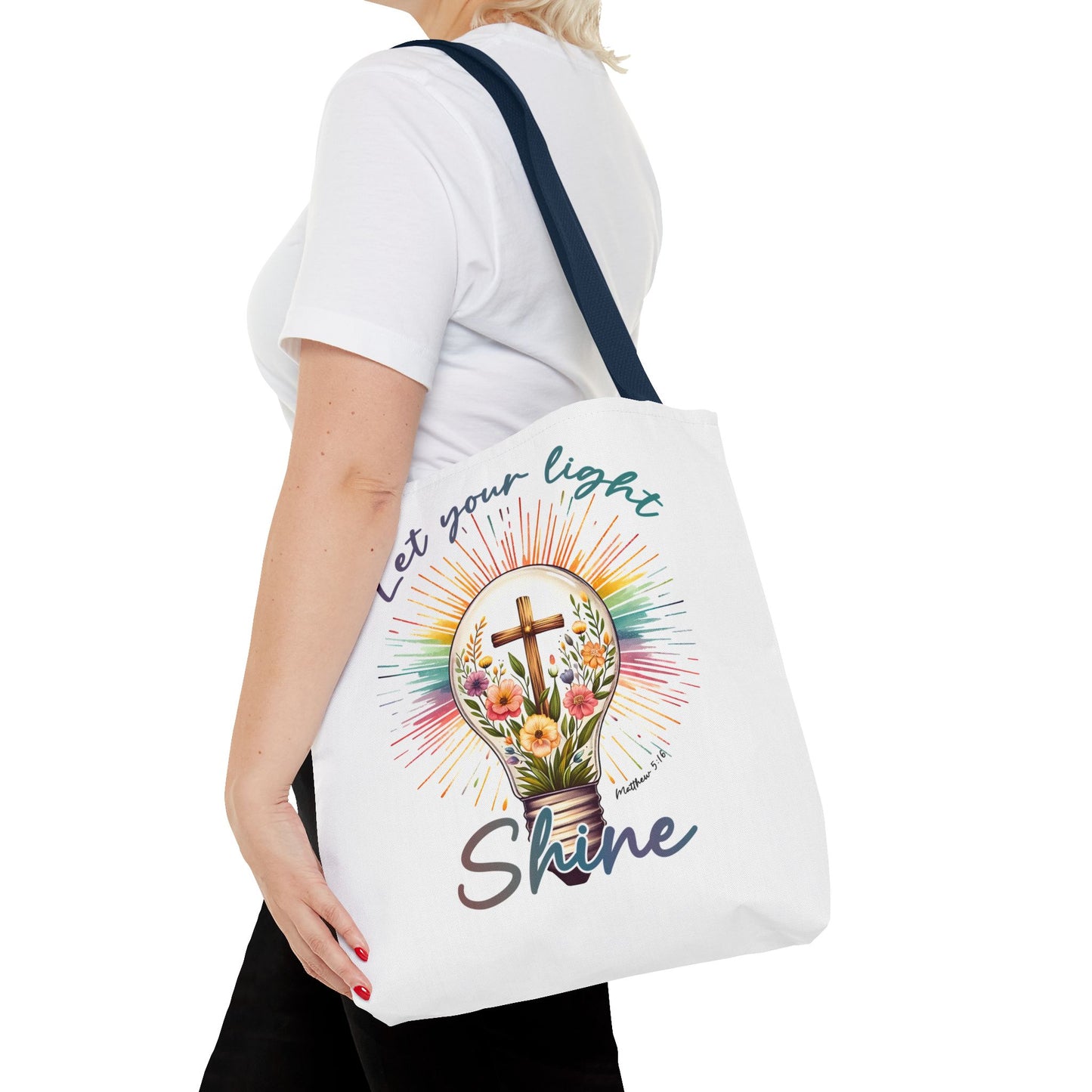Inspirational Christian Tote Bag - Let Your Light Shine, Floral Design, Gift for Church, Bible Study, Mother's Day, Faith