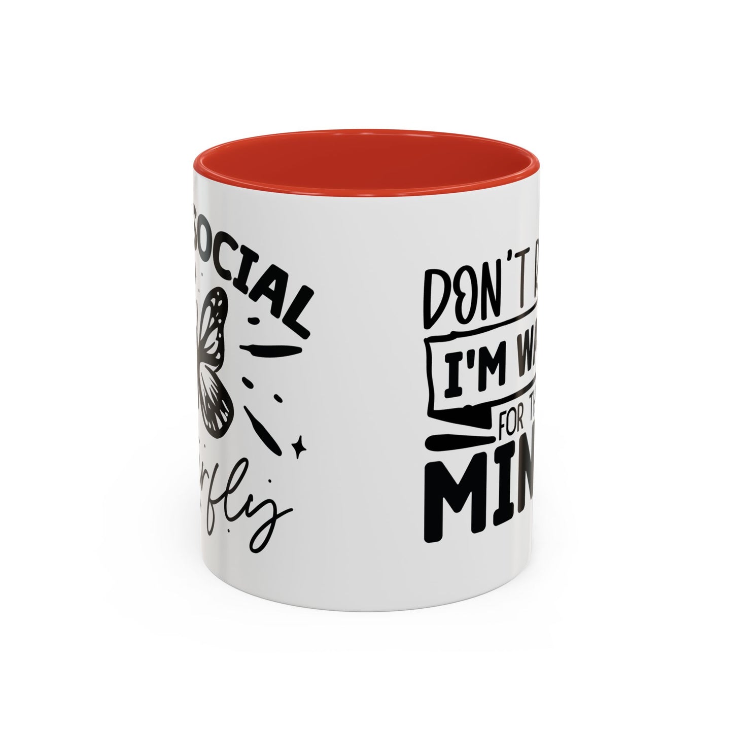 Coffee Mug, Funny Mug with Anti Social Butterfly and Don't Rush Me Designs, Office Mug, White Mug with Colorful Handle, Cute Mug, Unique