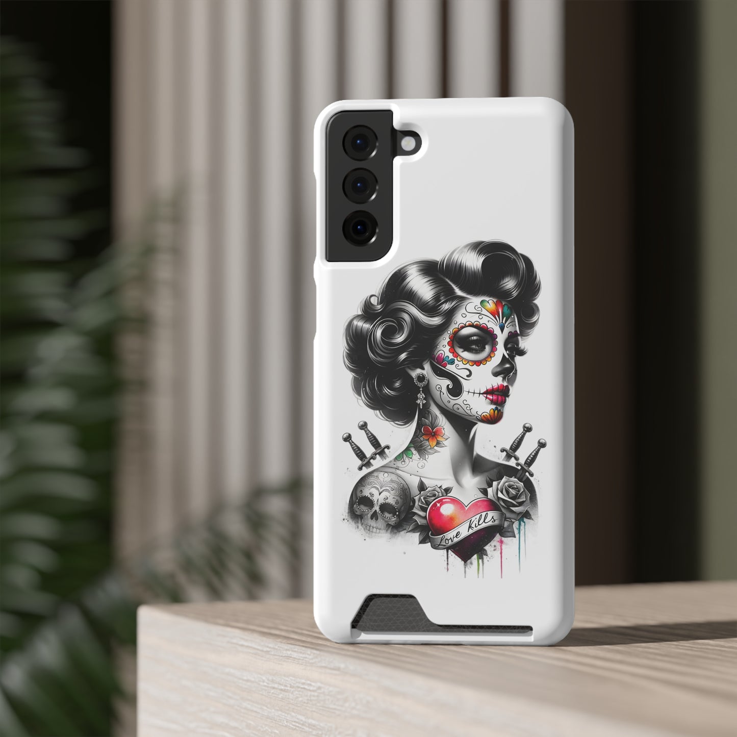 Phone Case - Love Kills Day of the Dead Face Paint Girl with Tattoos and Knives Hearts