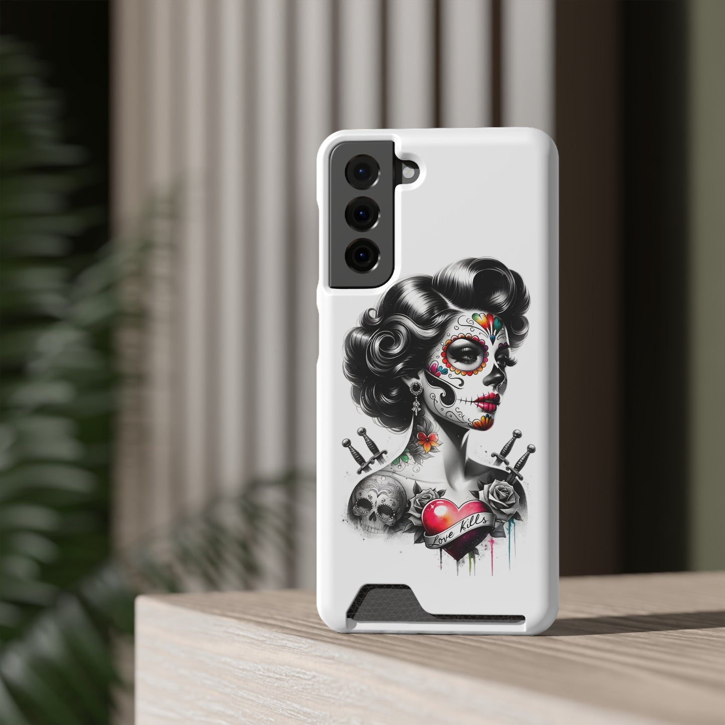 Phone Case - Love Kills Day of the Dead Face Paint Girl with Tattoos and Knives Hearts