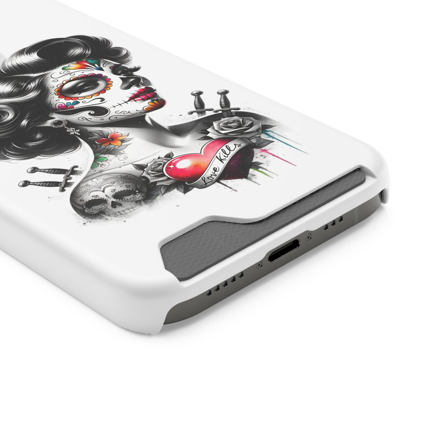 Phone Case - Love Kills Day of the Dead Face Paint Girl with Tattoos and Knives Hearts