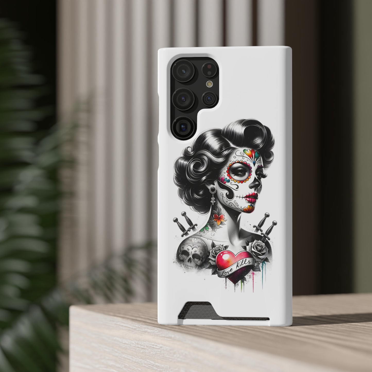 Phone Case - Love Kills Day of the Dead Face Paint Girl with Tattoos and Knives Hearts
