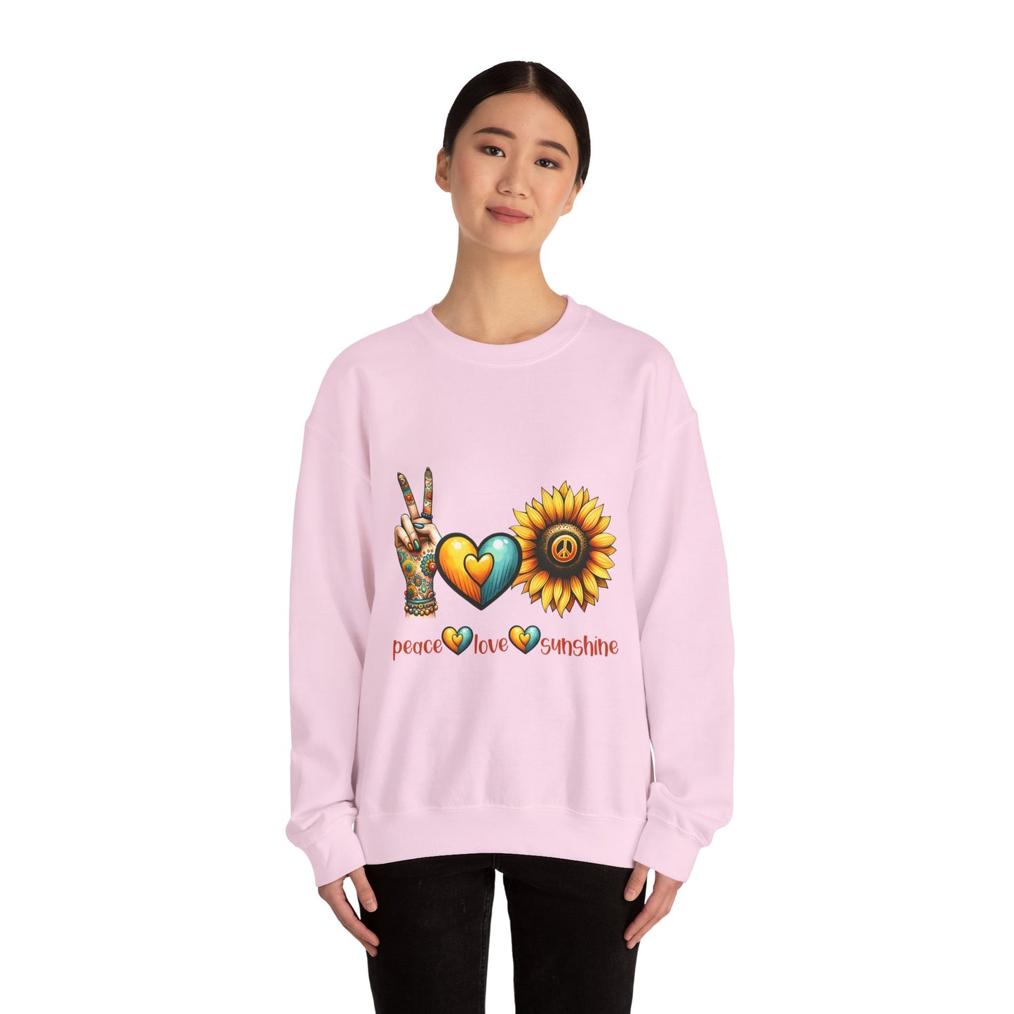 Peace Love Sunshine Sweatshirt, Unisex Crewneck, Boho Style, Gift for Her, Summer Vibes, Festival Wear, Eco-Friendly Sweatshirt