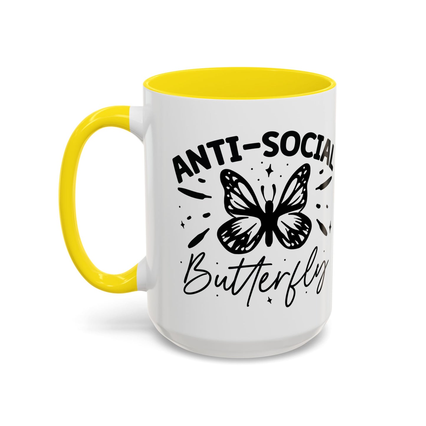Coffee Mug, Funny Mug with Anti Social Butterfly and Don't Rush Me Designs, Office Mug, White Mug with Colorful Handle, Cute Mug, Unique