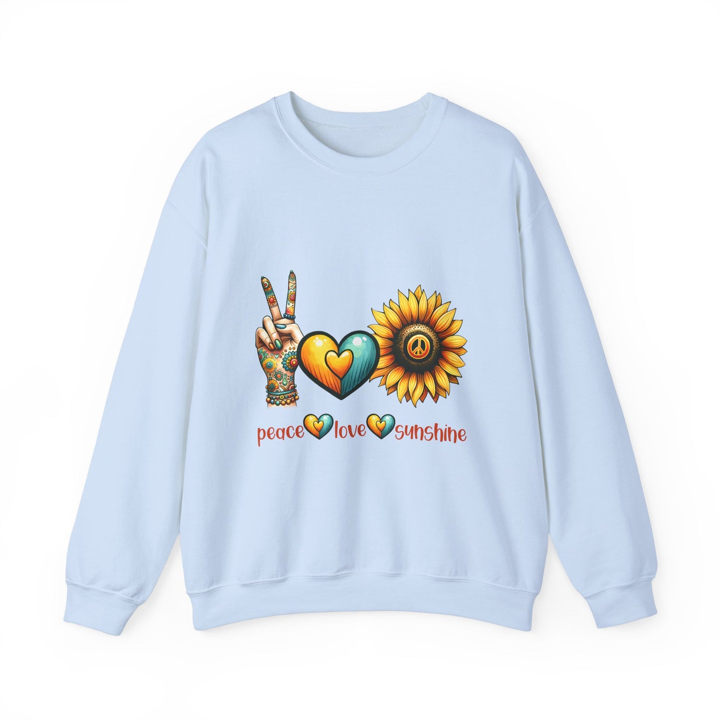 Peace Love Sunshine Sweatshirt, Unisex Crewneck, Boho Style, Gift for Her, Summer Vibes, Festival Wear, Eco-Friendly Sweatshirt