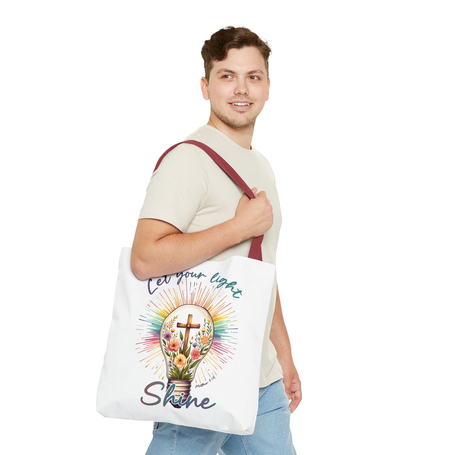 Inspirational Christian Tote Bag - Let Your Light Shine, Floral Design, Gift for Church, Bible Study, Mother's Day, Faith