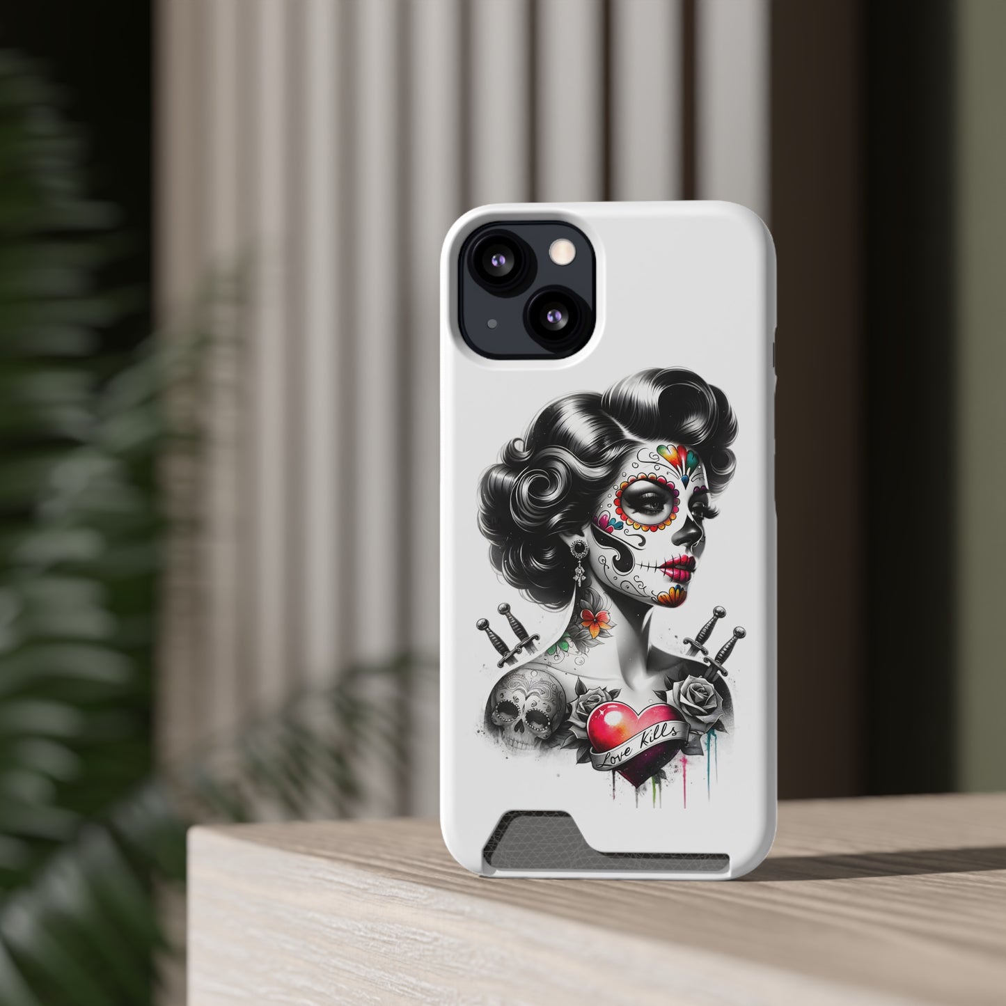 Phone Case - Love Kills Day of the Dead Face Paint Girl with Tattoos and Knives Hearts