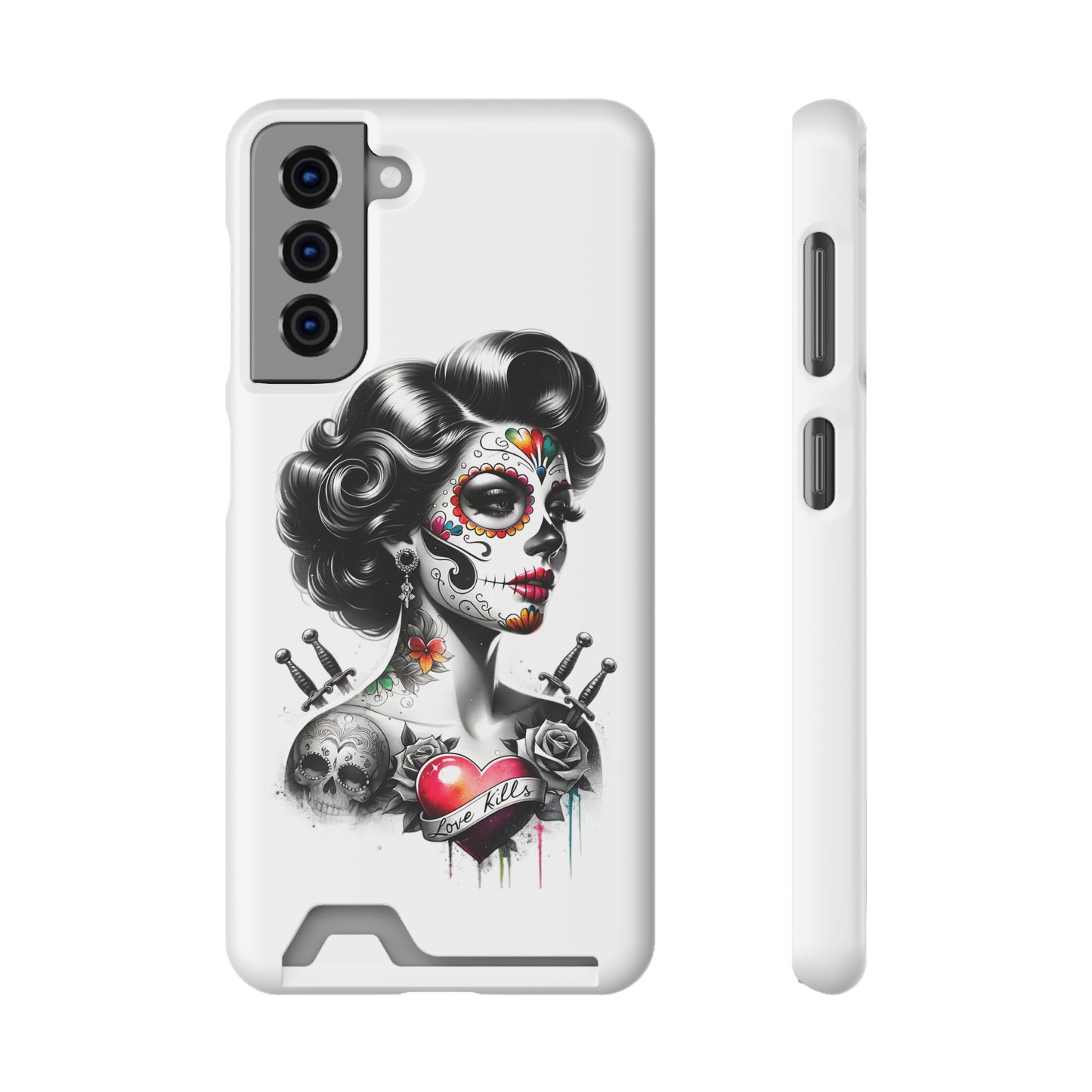 Phone Case - Love Kills Day of the Dead Face Paint Girl with Tattoos and Knives Hearts