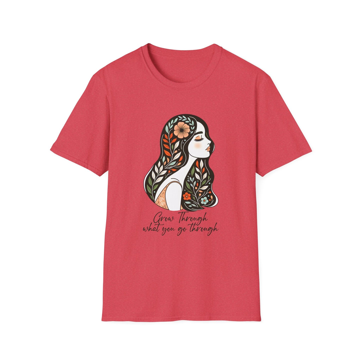 Grow Through Inspirational Unisex Softstyle T-Shirt, Motivational Tee, Self-Care Shirt, Gift for Women, Mindfulness Apparel