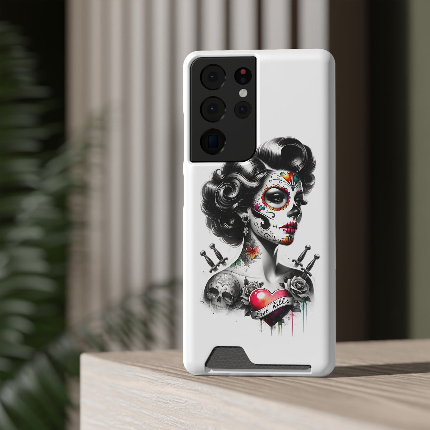Phone Case - Love Kills Day of the Dead Face Paint Girl with Tattoos and Knives Hearts