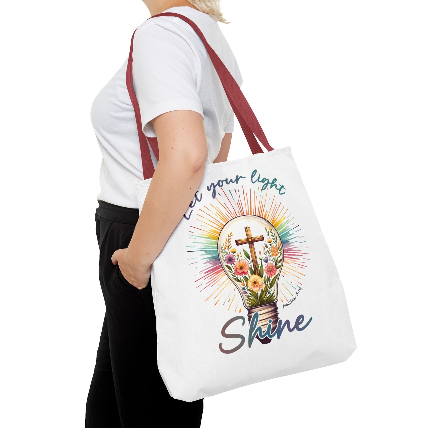 Inspirational Christian Tote Bag - Let Your Light Shine, Floral Design, Gift for Church, Bible Study, Mother's Day, Faith