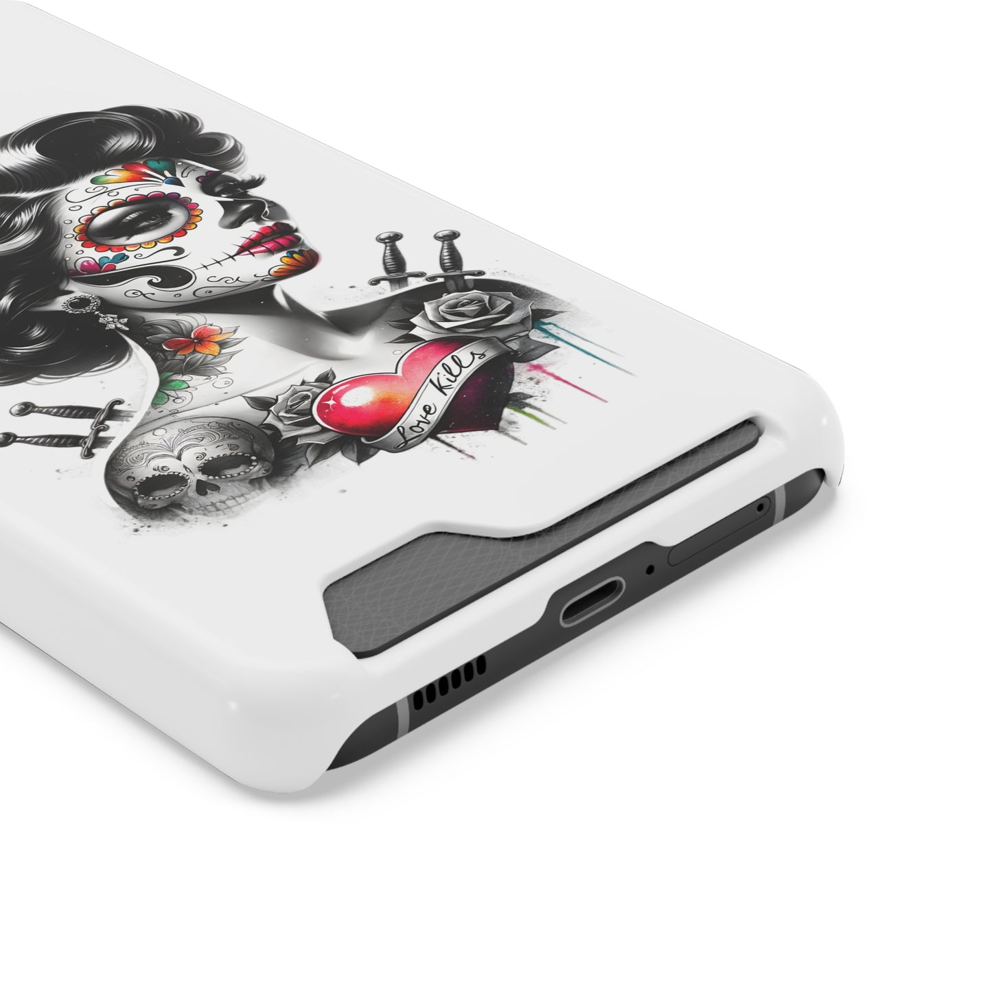 Phone Case - Love Kills Day of the Dead Face Paint Girl with Tattoos and Knives Hearts