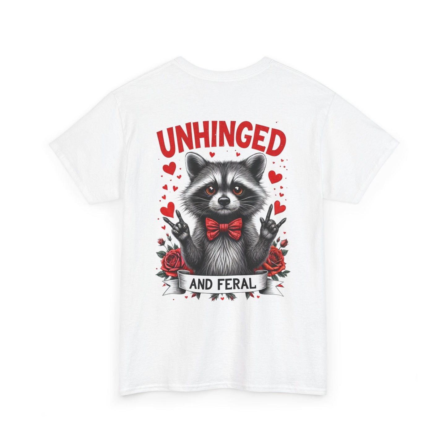 Valentine's Day Raccoon Unisex Tee - 'Unhinged and Feral' Metal Hand Signs