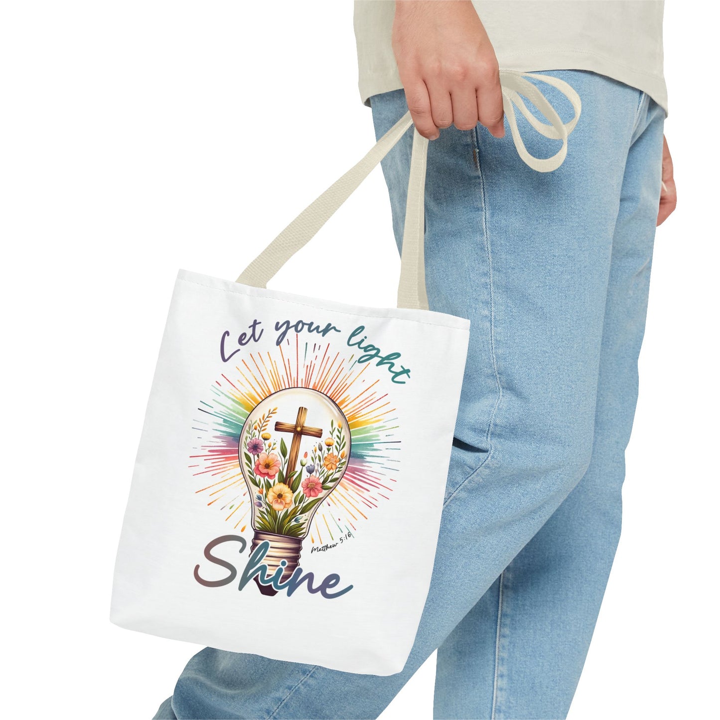 Inspirational Christian Tote Bag - Let Your Light Shine, Floral Design, Gift for Church, Bible Study, Mother's Day, Faith