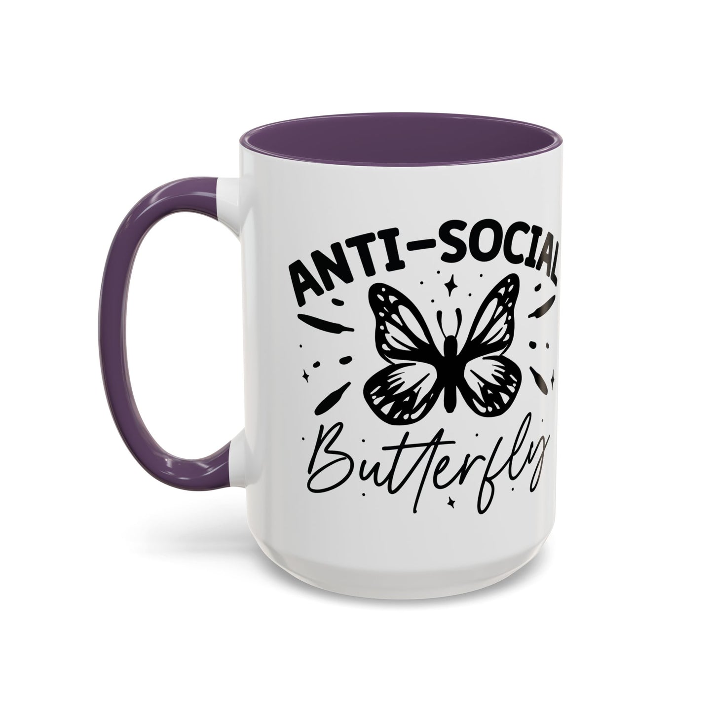 Coffee Mug, Funny Mug with Anti Social Butterfly and Don't Rush Me Designs, Office Mug, White Mug with Colorful Handle, Cute Mug, Unique