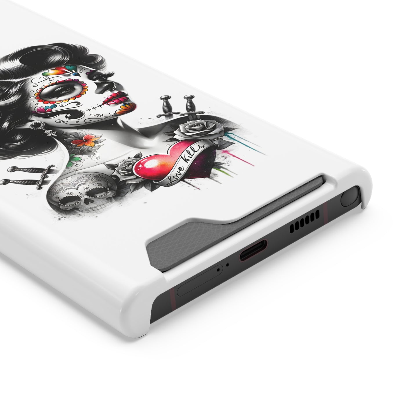 Phone Case - Love Kills Day of the Dead Face Paint Girl with Tattoos and Knives Hearts