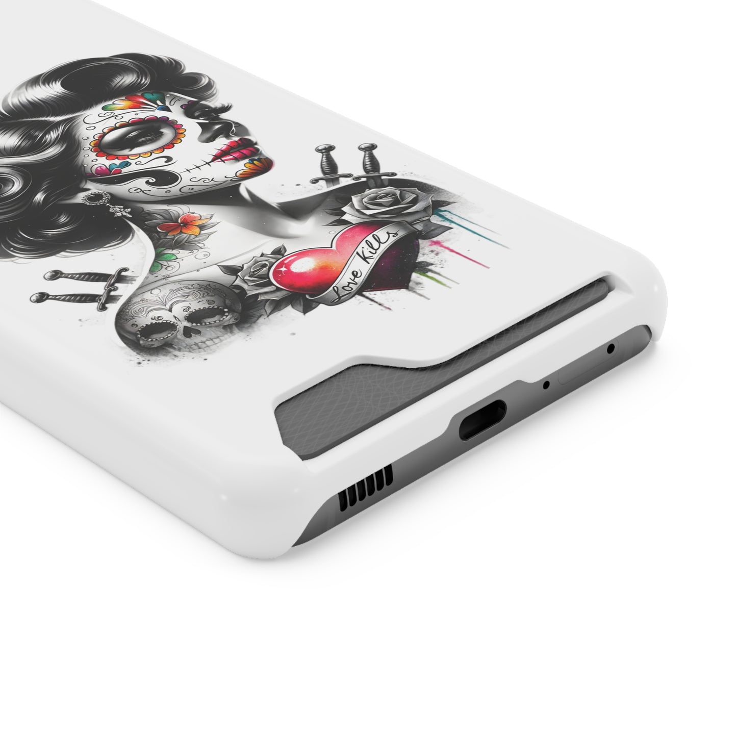 Phone Case - Love Kills Day of the Dead Face Paint Girl with Tattoos and Knives Hearts