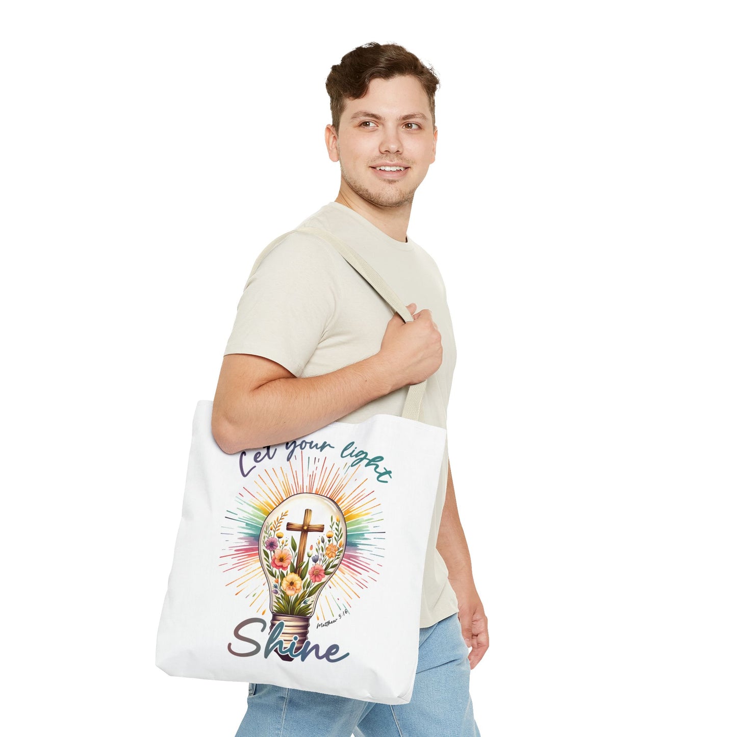 Inspirational Christian Tote Bag - Let Your Light Shine, Floral Design, Gift for Church, Bible Study, Mother's Day, Faith