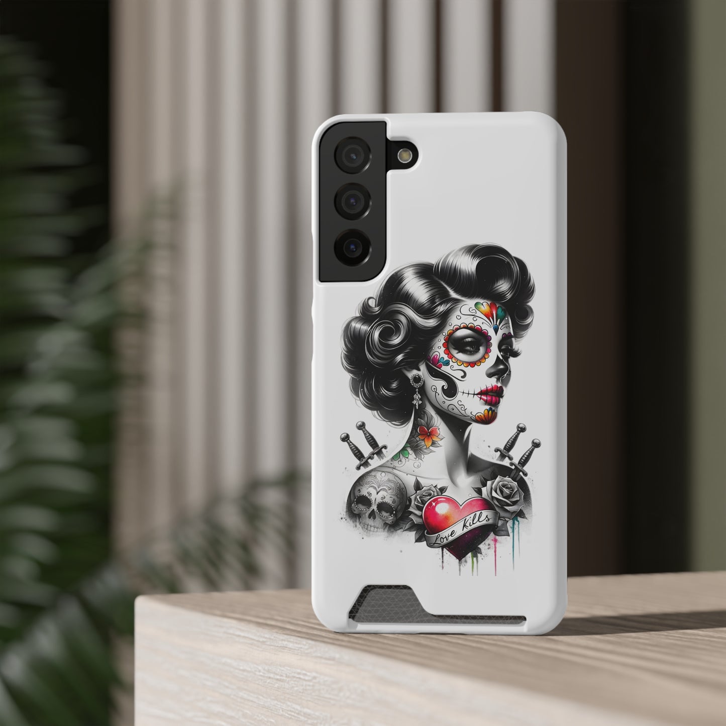 Phone Case - Love Kills Day of the Dead Face Paint Girl with Tattoos and Knives Hearts