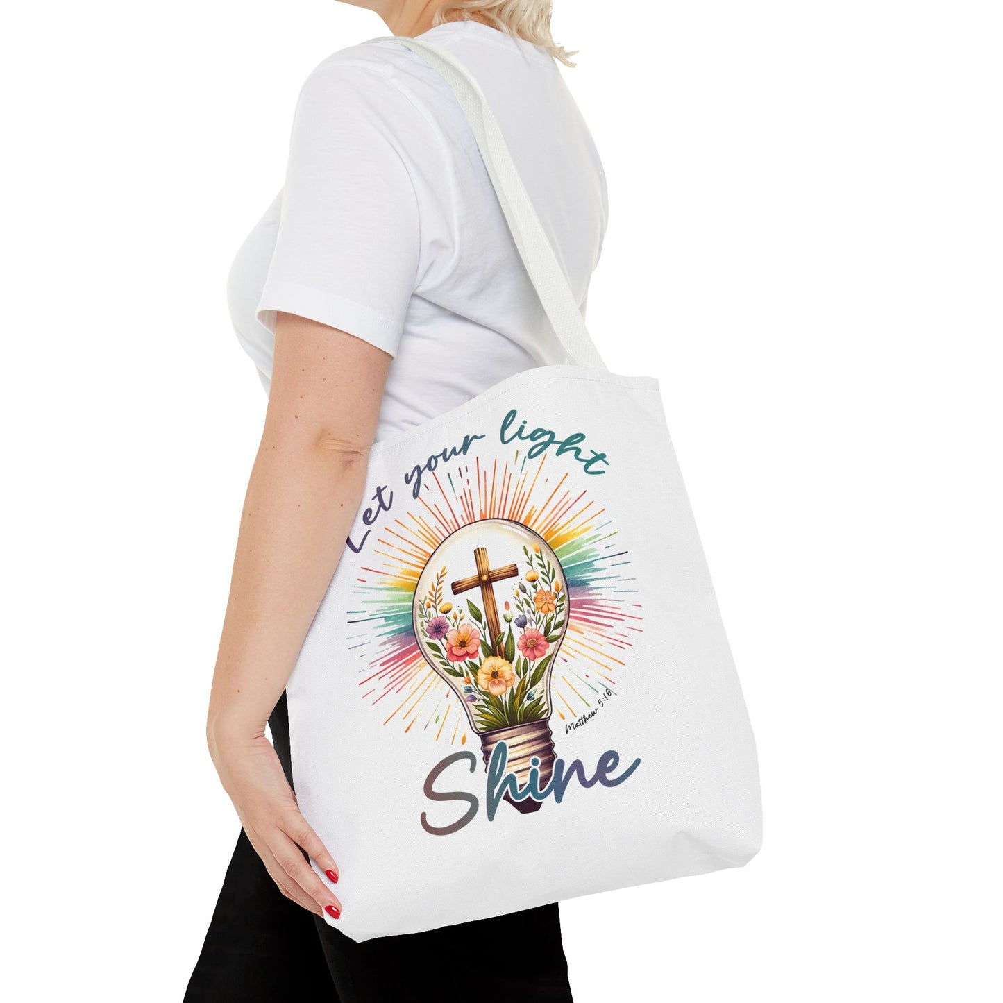 Inspirational Christian Tote Bag - Let Your Light Shine, Floral Design, Gift for Church, Bible Study, Mother's Day, Faith
