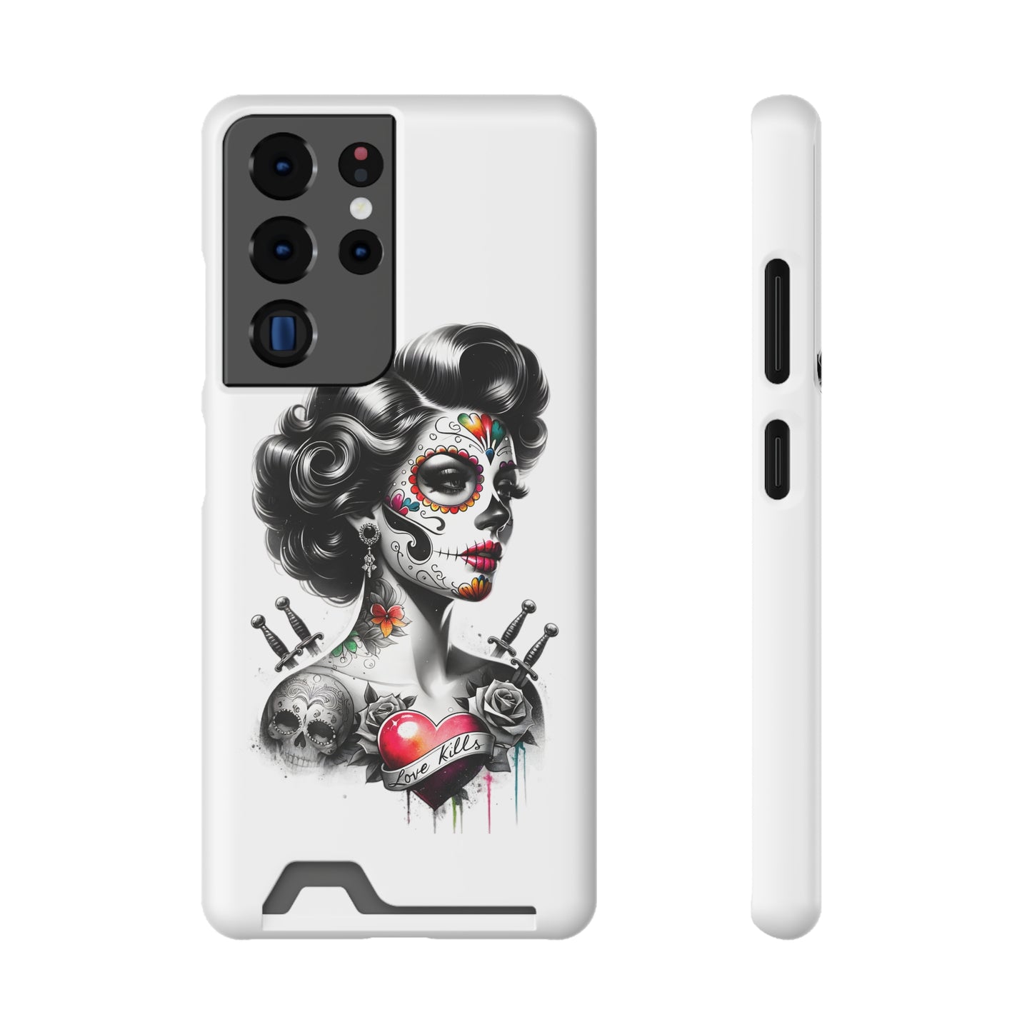 Phone Case - Love Kills Day of the Dead Face Paint Girl with Tattoos and Knives Hearts