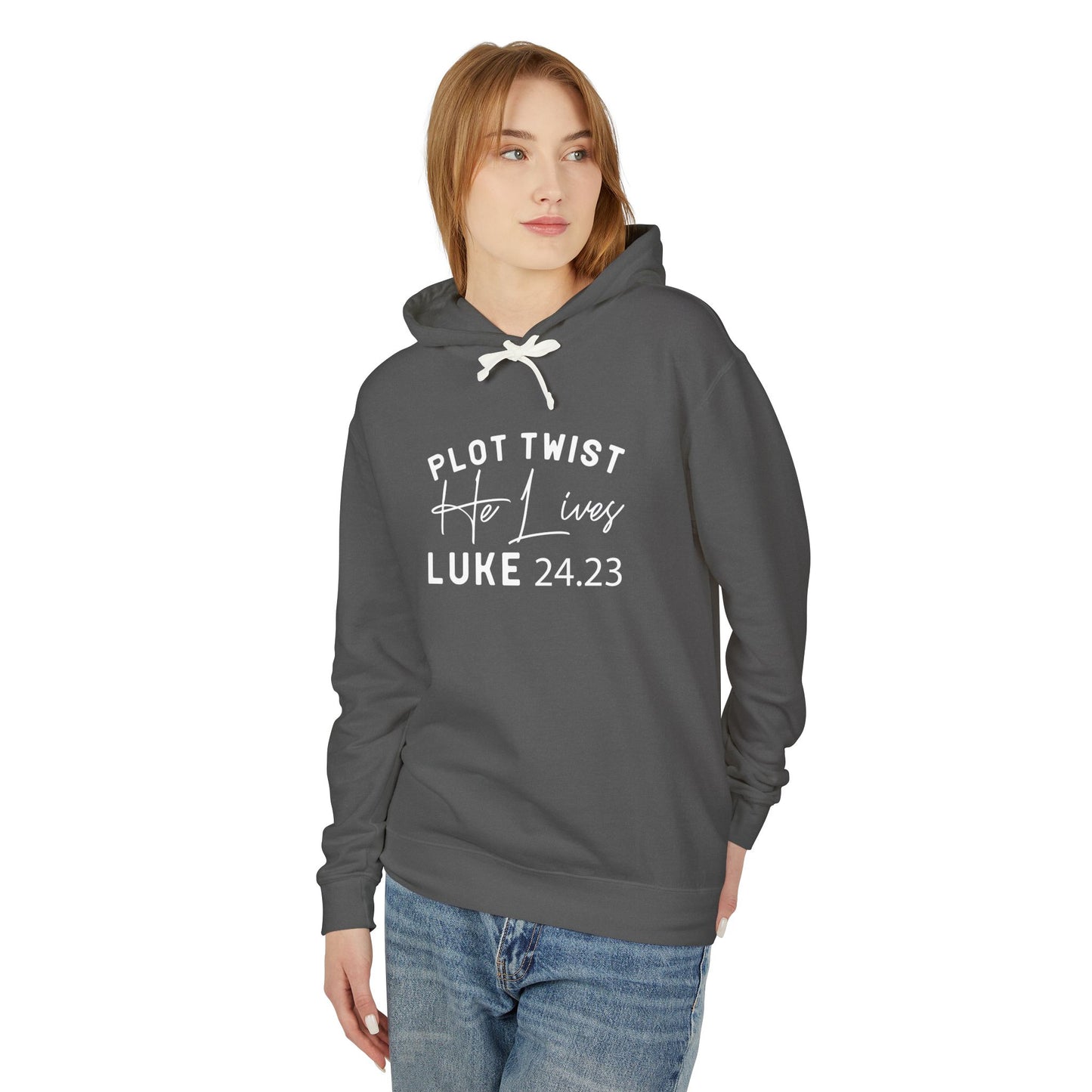 Religious Quotes Lightweight Hoodie, Plot Twist He Lives 24:13 Church Easter Sweatshirt, Unisex Hooded Sweatshirt for Christians, Religious