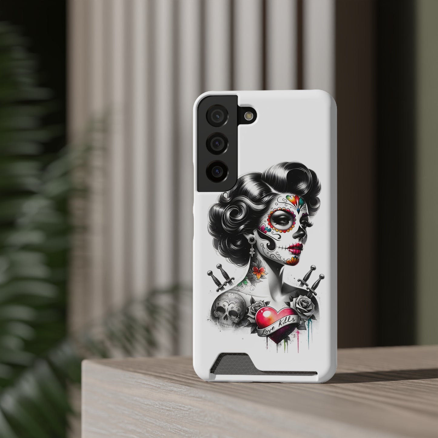 Phone Case - Love Kills Day of the Dead Face Paint Girl with Tattoos and Knives Hearts