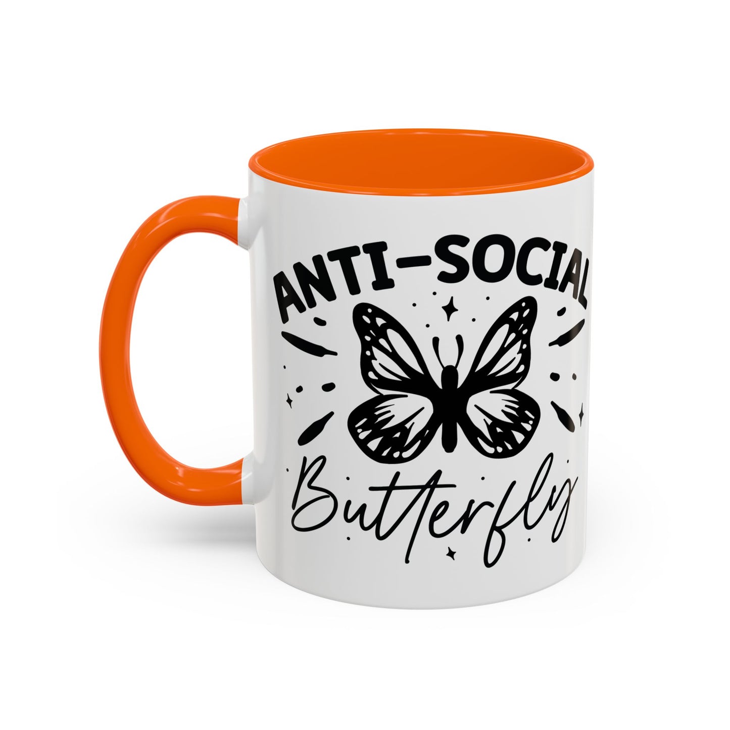 Coffee Mug, Funny Mug with Anti Social Butterfly and Don't Rush Me Designs, Office Mug, White Mug with Colorful Handle, Cute Mug, Unique