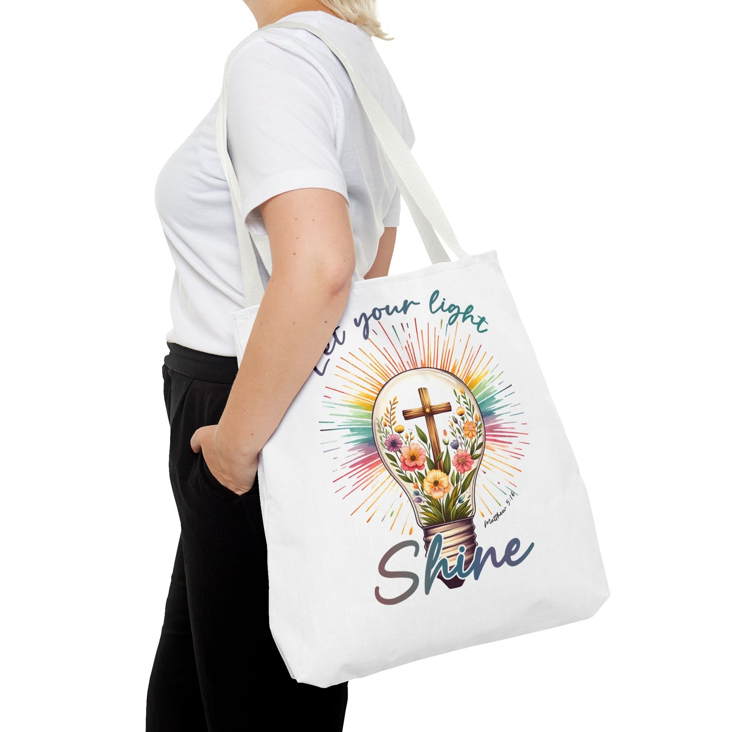 Inspirational Christian Tote Bag - Let Your Light Shine, Floral Design, Gift for Church, Bible Study, Mother's Day, Faith
