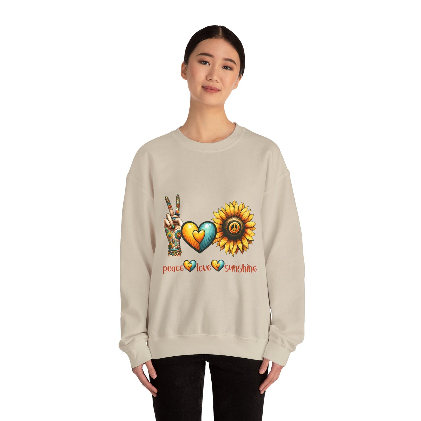 Peace Love Sunshine Sweatshirt, Unisex Crewneck, Boho Style, Gift for Her, Summer Vibes, Festival Wear, Eco-Friendly Sweatshirt