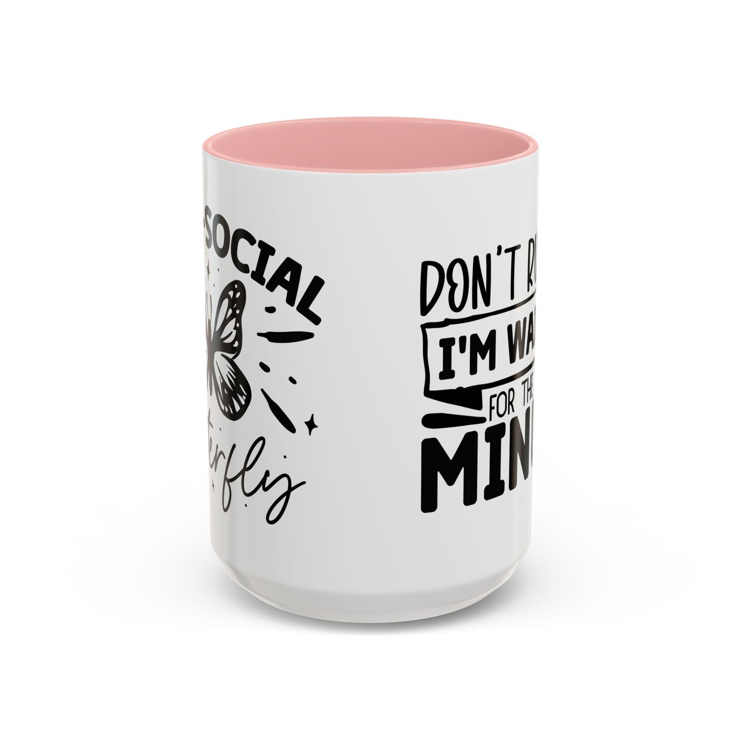 Coffee Mug, Funny Mug with Anti Social Butterfly and Don't Rush Me Designs, Office Mug, White Mug with Colorful Handle, Cute Mug, Unique