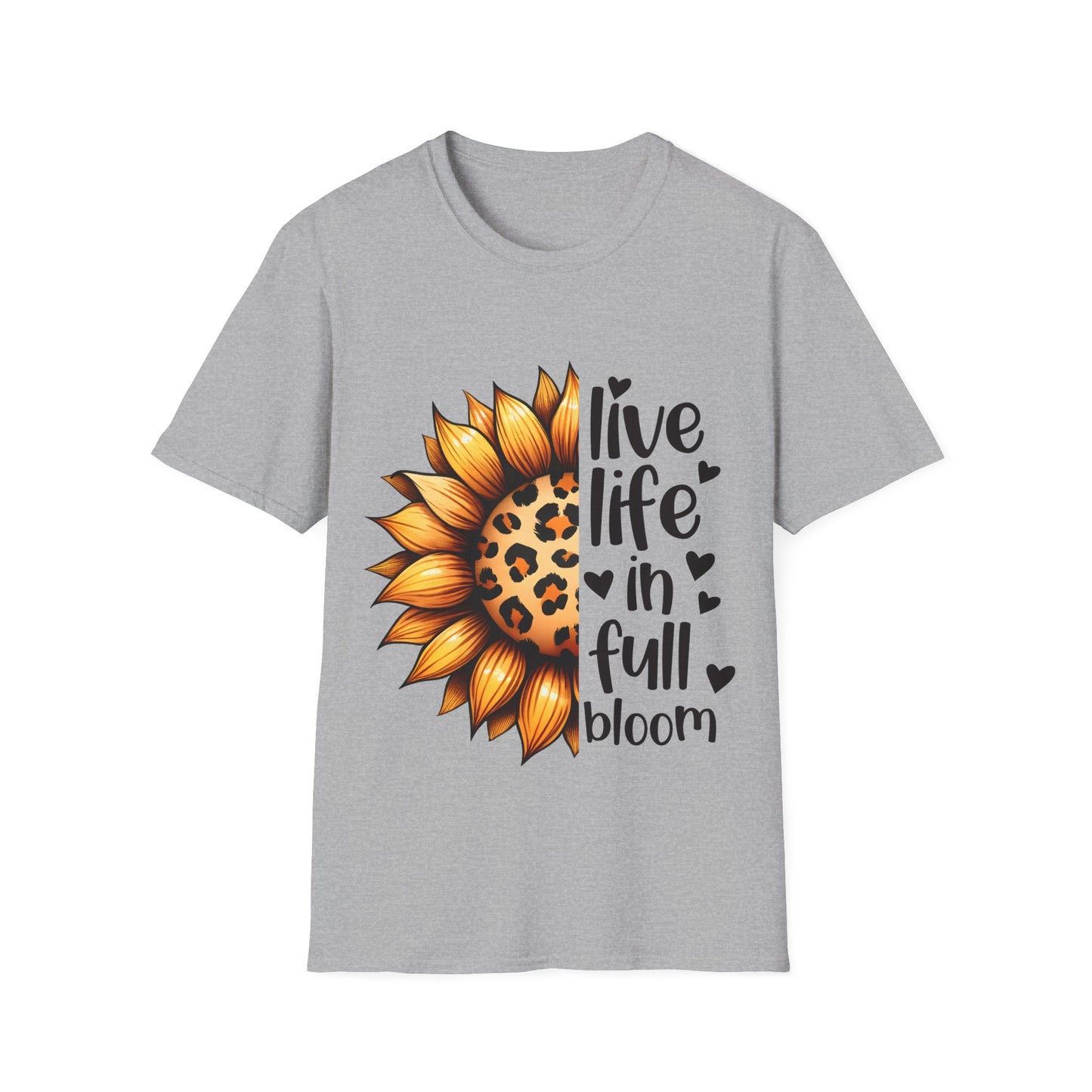 Live Life in Full Bloom Sunflower Tee, Unisex Softstyle T-Shirt, Floral Graphic Shirt, Gift for Nature Lovers, Spring/Summer Fashion,