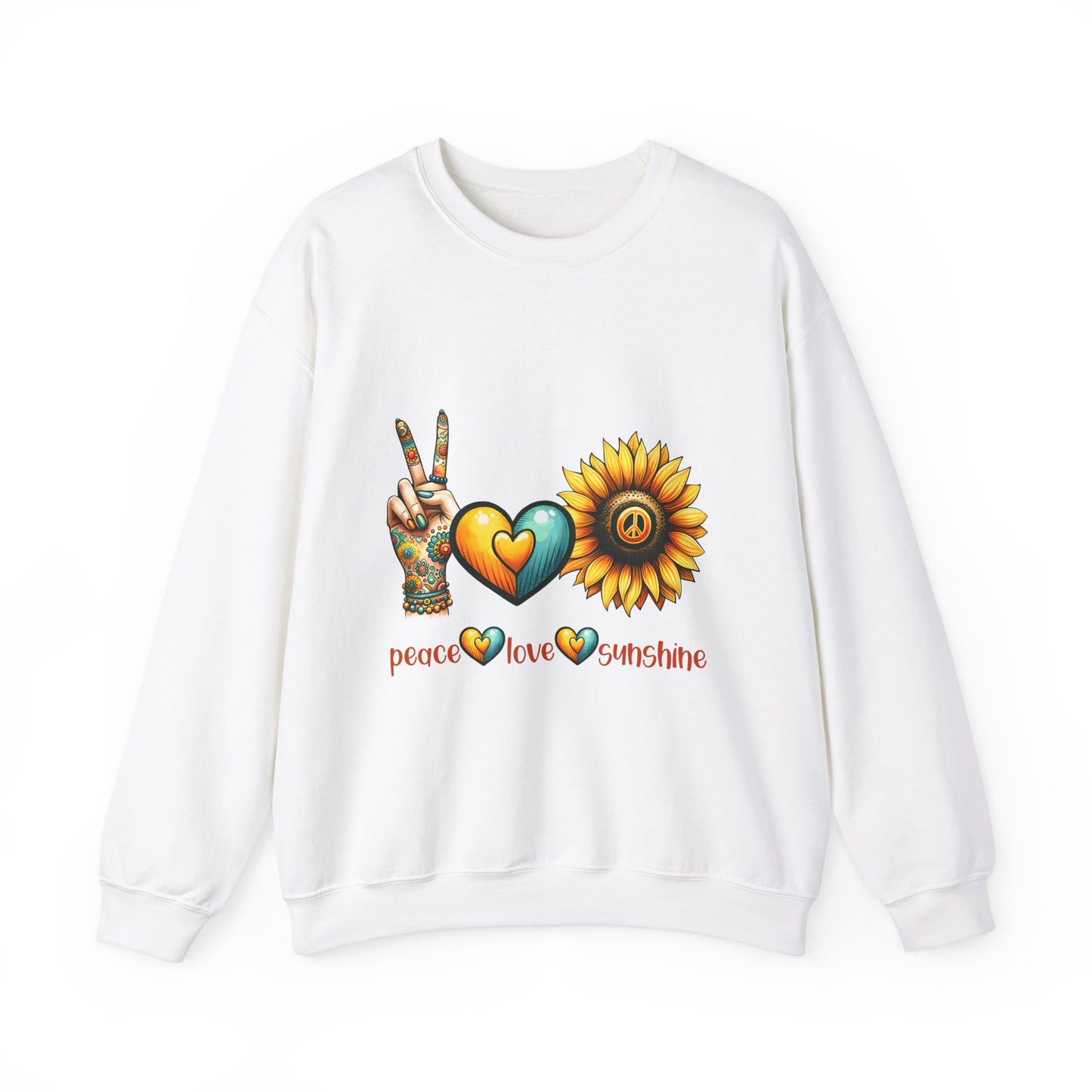 Peace Love Sunshine Sweatshirt, Unisex Crewneck, Boho Style, Gift for Her, Summer Vibes, Festival Wear, Eco-Friendly Sweatshirt
