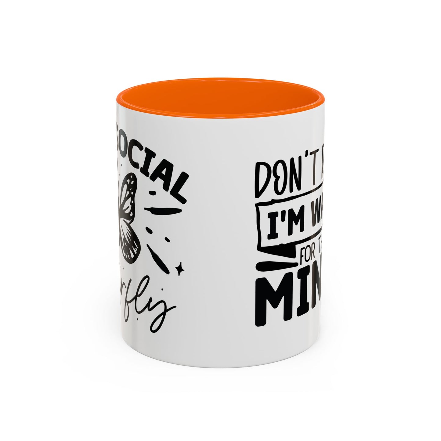 Coffee Mug, Funny Mug with Anti Social Butterfly and Don't Rush Me Designs, Office Mug, White Mug with Colorful Handle, Cute Mug, Unique