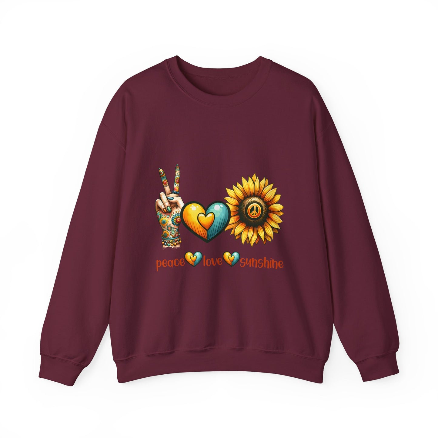 Peace Love Sunshine Sweatshirt, Unisex Crewneck, Boho Style, Gift for Her, Summer Vibes, Festival Wear, Eco-Friendly Sweatshirt