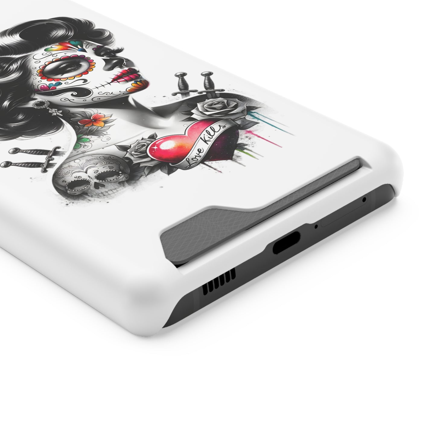 Phone Case - Love Kills Day of the Dead Face Paint Girl with Tattoos and Knives Hearts