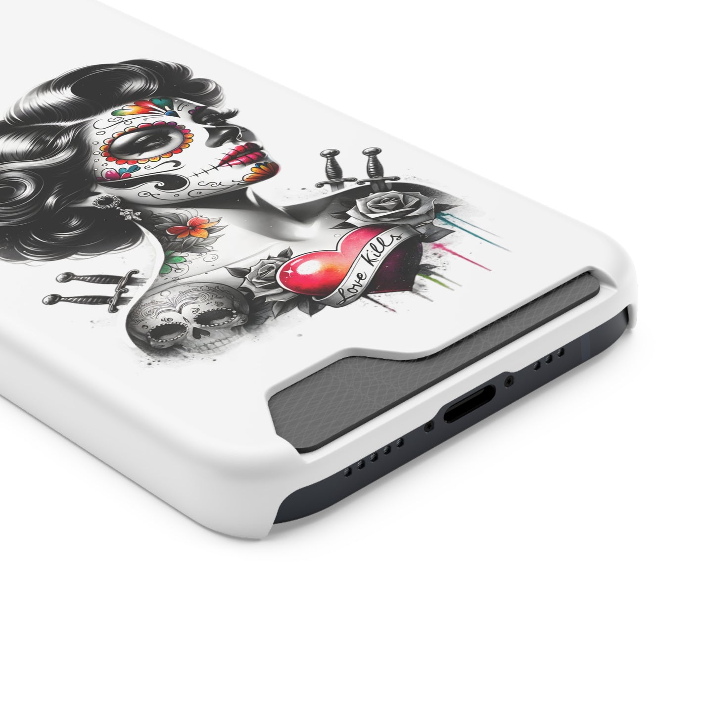 Phone Case - Love Kills Day of the Dead Face Paint Girl with Tattoos and Knives Hearts