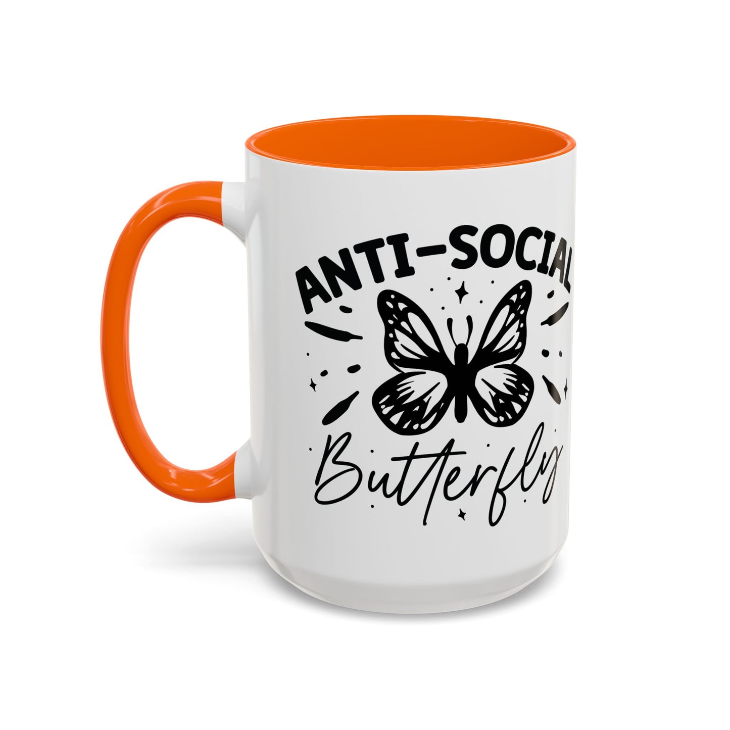 Coffee Mug, Funny Mug with Anti Social Butterfly and Don't Rush Me Designs, Office Mug, White Mug with Colorful Handle, Cute Mug, Unique