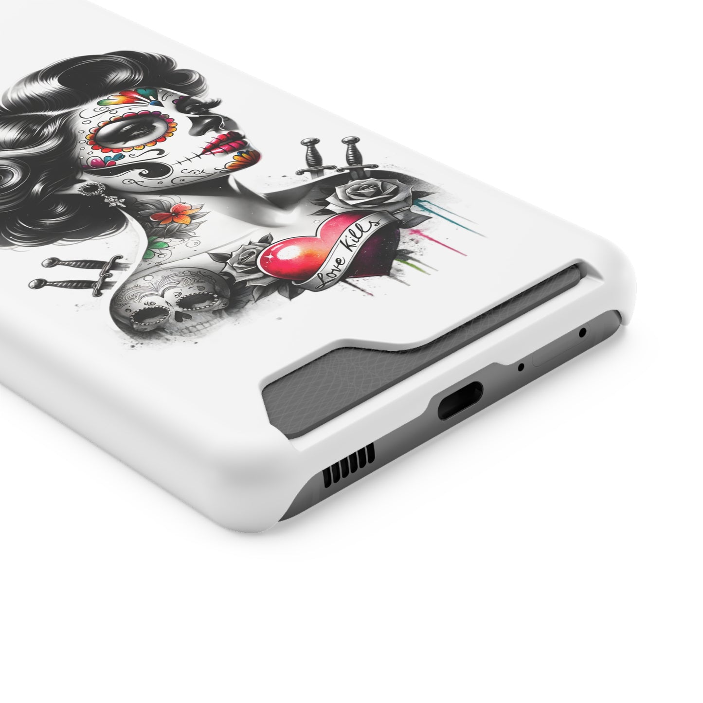 Phone Case - Love Kills Day of the Dead Face Paint Girl with Tattoos and Knives Hearts