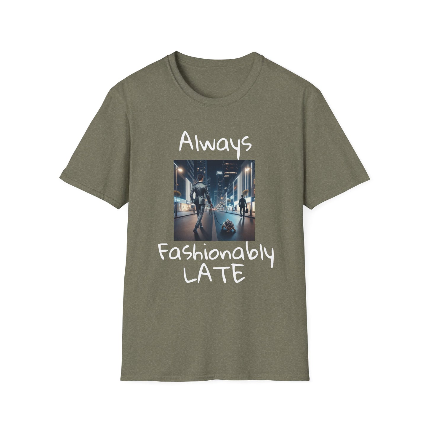 Fashionably Late Tortoise Unisex T-Shirt, Funny Mens Graphic Tee, Nightlife City Street Fashion Shirt, Men's Urban Style Top, Unique Gift